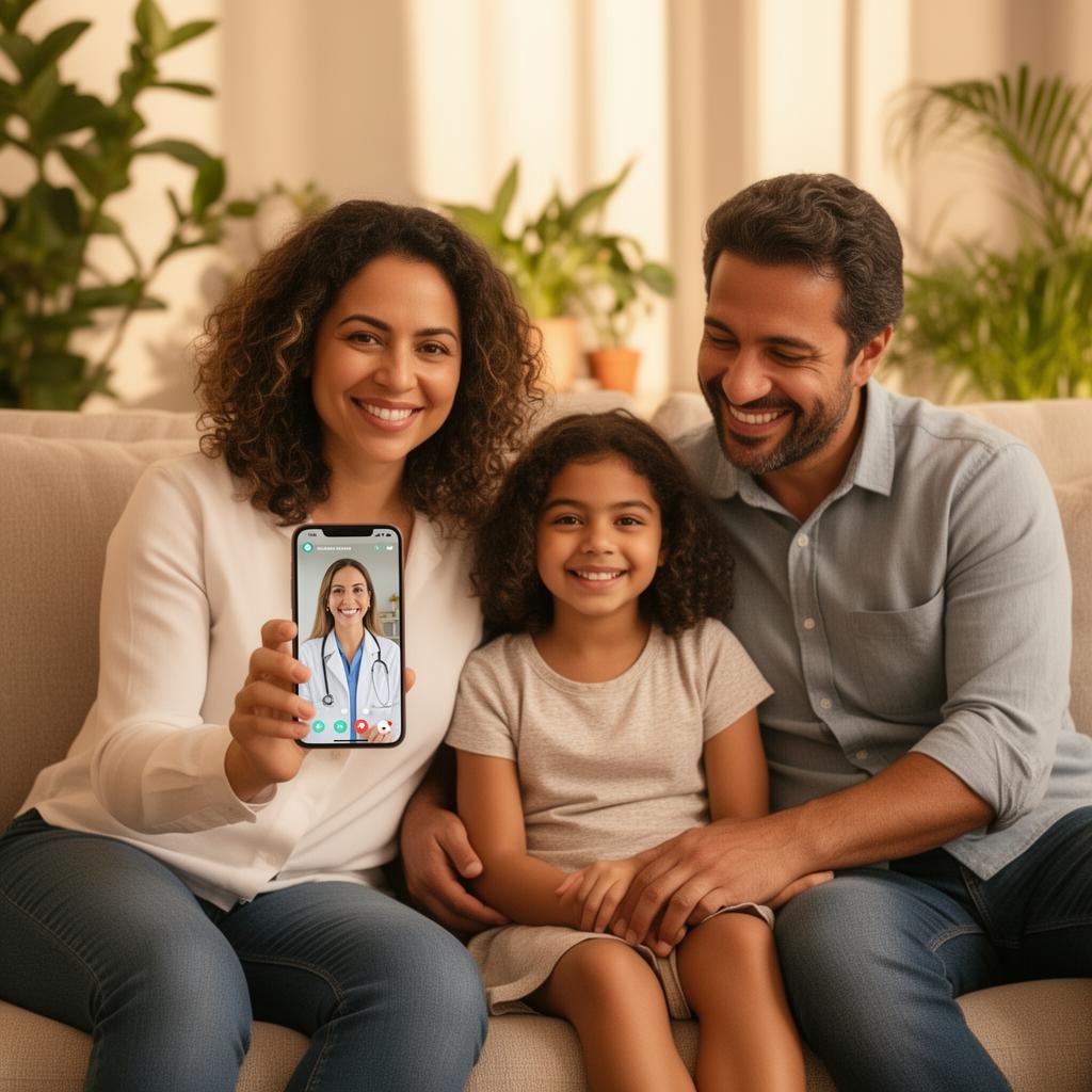 Família usando telemedicina pelo celular em casa